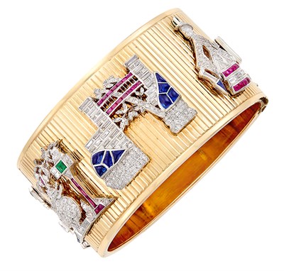 Lot 491 - Gold, Platinum, Diamond and Gem-Set Charm Cuff Bangle Bracelet