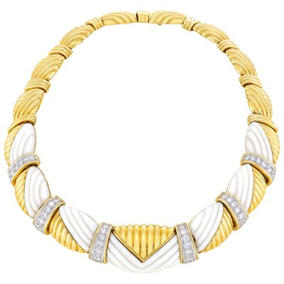 Lot 404 - Gold, Carved White Coral and Diamond Necklace, Turi