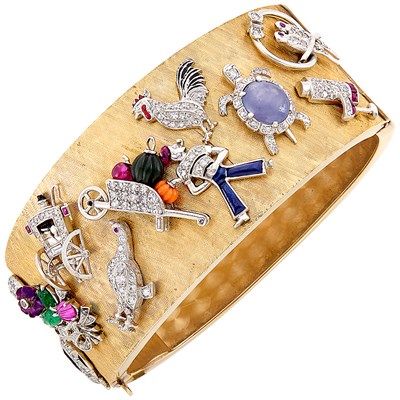 Lot 251 - Gold, Platinum, Diamond, Gem-Set and Enamel Charm Bangle Bracelet