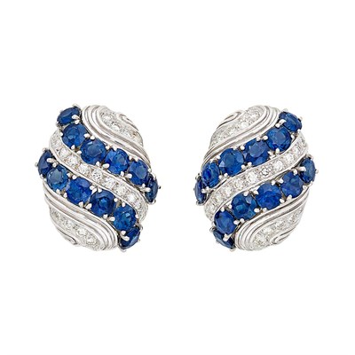 Lot 344 - Pair of White Gold, Sapphire and Diamond Earclips, Harry Winston