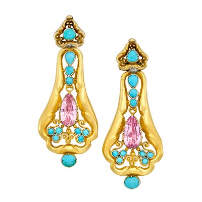 Lot 211 - Pair of Gold, Foiled-Back Topaz and Turquoise Pendant-Earrings