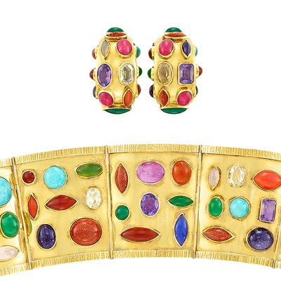Lot 202 - Gold and Cabochon Gem-Set and Hardstone Cuff Bracelet and Pair of Earrings, Sanz
