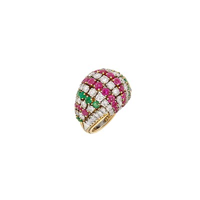 Lot 288 - Gold, Diamond, Ruby and Emerald Bombé Ring
