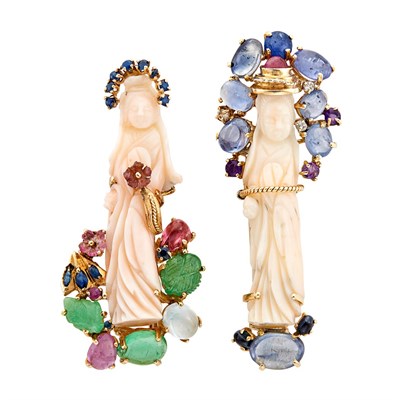 Lot 204 - Pair of Gold, Carved Coral, Gem-Set and Diamond 'Quan Yin' Clip-Brooches