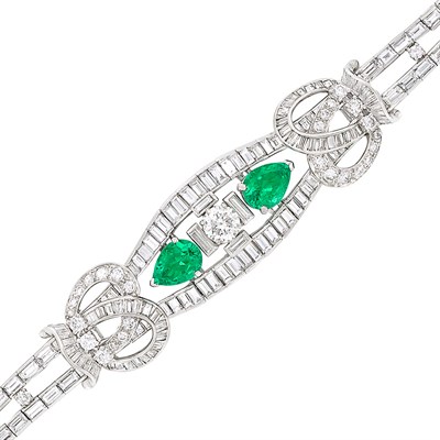Lot 277 - Platinum, Diamond and Emerald Bracelet