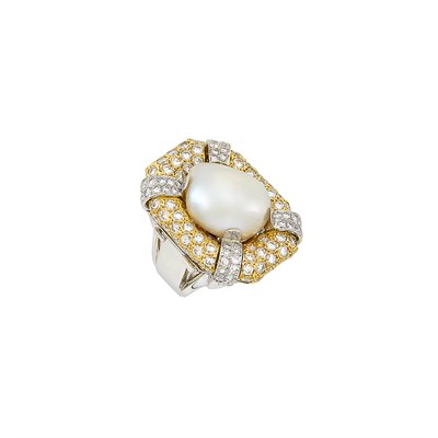 Lot 163 - Platinum, Two-Color Gold, Baroque Cultured Pearl and Diamond Ring, David Webb