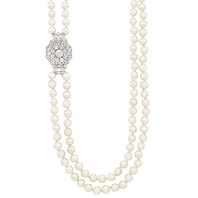 Lot 116 - Long Double Strand Cultured Pearl Necklace with Platinum and Diamond Clasp, France