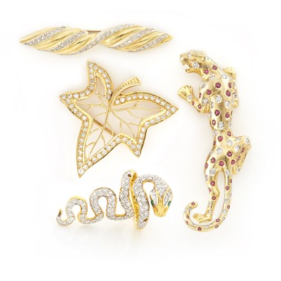 Lot 1367 - Three Gold and Diamond Brooches and Ring