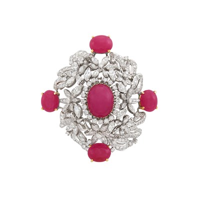 Lot 219 - White Gold, Cabochon Ruby and Diamond Pendant-Brooch