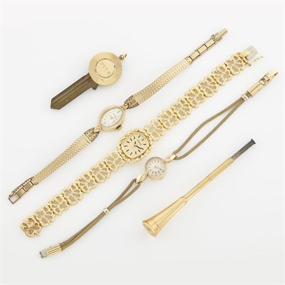 Lot 326 - Group of Gold, Metal and Gold-Filled Wristwatches, Cigarette Holder and Key