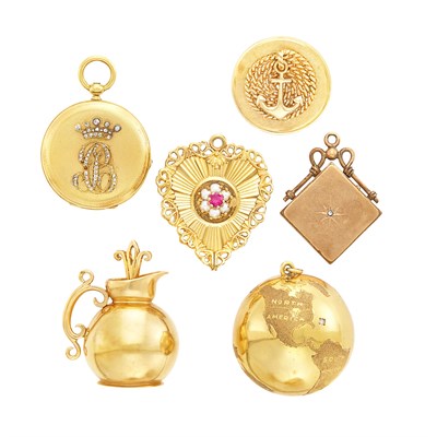 Lot 1584 - Gold Vase Charm, Tiffany & Co., Gold and Diamond Globe Charm, Anchor Pin, Heart Charm, Locket and Pendant-Watch