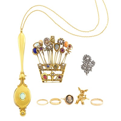 Lot 339 - Group of Antique and Gold, Low Karat Gold, Silver and Metal Rings, Brooches and Lorgnette with Chain Necklace