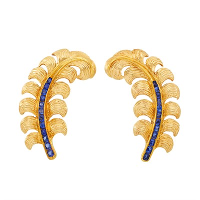 Lot 103 - Pair of Gold and Sapphire Leaf Earclips, Tiffany & Co.