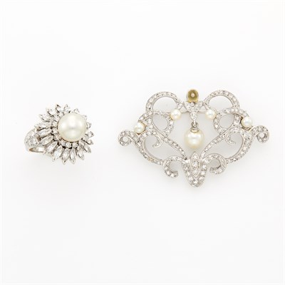 Lot 1271 - White Gold, Diamond and Cultured Pearl Brooch and Platinum, Cultured Pearl and Diamond Ring