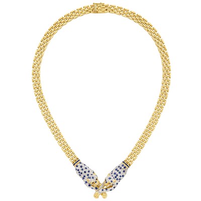 Lot 518 - Two-Color Gold, Sapphire and Diamond Panther Necklace