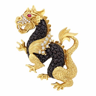 Lot 305 - Gold, Carved Wood, Diamond and Cabochon Ruby Dragon Brooch, Van Cleef & Arpels