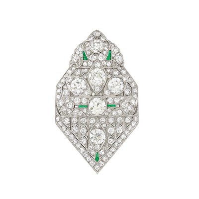 Lot 271 - Platinum, Diamond and Emerald Pendant-Brooch