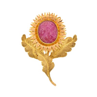Lot 385 - Two-Color Gold and Carved Ruby Flower Brooch, Mario Buccellati