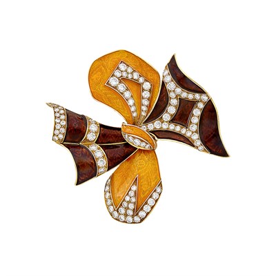 Lot 430 - Gold, Enamel and Diamond Bow Clip-Brooch, Bulgari