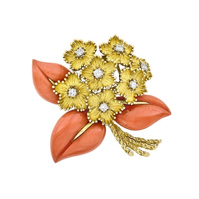 Lot 30 - Gold, Coral and Diamond Bouquet Clip-Brooch, Cartier, France