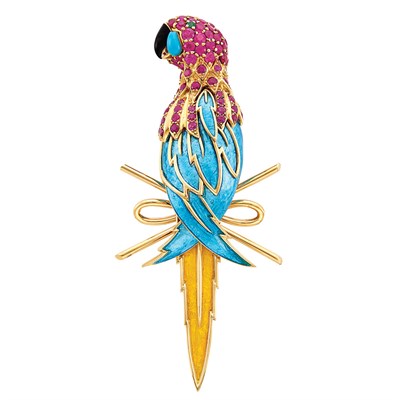 Lot 373 - Gold, Ruby, Turquoise and Turquoise and Yellow Enamel Parrot Clip-Brooch, Tiffany & Co., Schlumberger, France