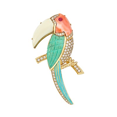 Lot 401 - Gold, Coral, Carved Turquoise, White Agate, Enamel, Diamond and Ruby Toucan Pendant Clip-Brooch