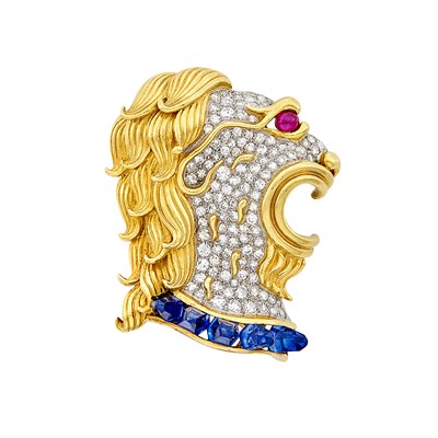 Lot 17 - Two-Color Gold, Diamond, Sapphire and Ruby Lion Clip-Brooch, France
