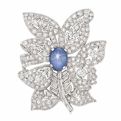 Lot 115 - Platinum, Star Sapphire and Diamond Leaf Brooch, Seaman Schepps