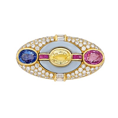 Lot 358 - Gold, Hematite, Multicolored Sapphire and Diamond Brooch, Bulgari