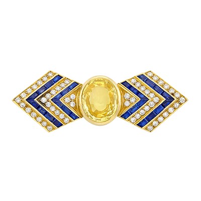 Lot 424 - Gold, Yellow Sapphire, Sapphire and Diamond Clip-Brooch, Bulgari