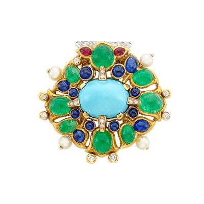 Lot 208 - Gold, Platinum, Turquoise, Gem-Set and Pearl Clip, Cartier, France