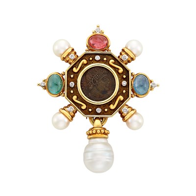 Lot 84 - Gold, Bronze Coin, Cabochon Gem-Set, Cultured Pearl and Diamond Clip-Brooch