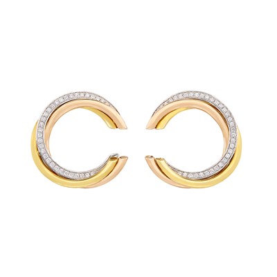 Lot 66 - Pair of Tricolor Gold and Diamond 'Trinity' Hoop Earrings, Cartier
