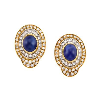 Lot 297 - Pair of Gold, Cabochon Sapphire and Diamond Earclips