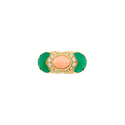 Lot 7 - Gold, Angel Skin Coral, Carved Green Onyx and Diamond Ring, Cartier, France
