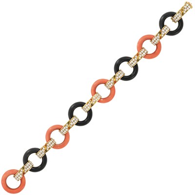 Lot 460 - Gold, Coral, Black Onyx and Diamond Link Bracelet, Bulgari