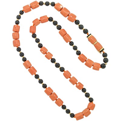 Lot 457 - Long Gold, Coral and Black Onyx Bead and Diamond Necklace