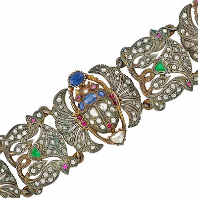 Lot 94 - Antique Egyptian Revival Silver, Low Karat Gold, Diamond and Gem-Set Bracelet