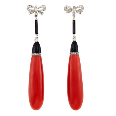 Lot 476 - Pair of Art Deco Platinum, Oxblood Coral, Black Onyx and Diamond Pendant-Earrings