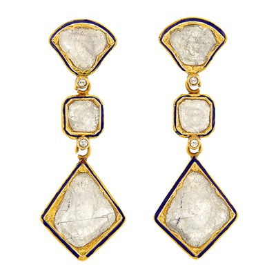 Lot 18 - Pair of Indian Gold, Foiled-Back Diamond, Enamel, and Jaipur Enamel Pendant-Earrings