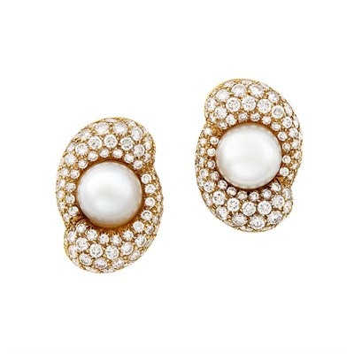 Lot 416 - Pair of Gold, South Sea Cultured Pearl and Diamond Earclips, Van Cleef & Arpels