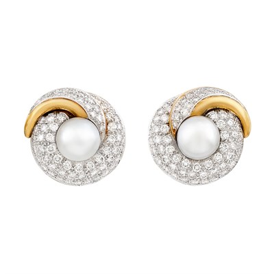 Lot 397 - Pair of Platinum, Gold, South Sea Cultured Pearl and Diamond Earclips