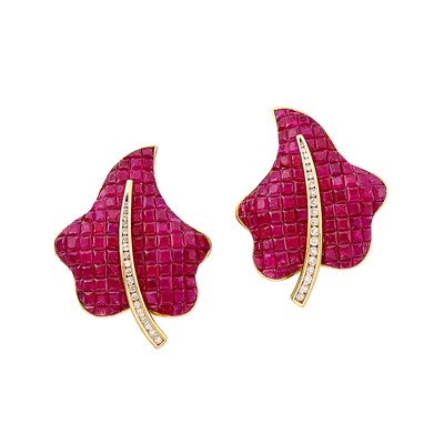 Lot 326 - Pair of Gold, Invisibly-Set Ruby and Diamond Leaf Earclips