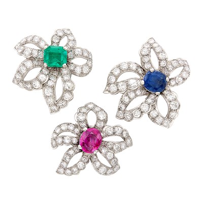 Lot 112 - Three Platinum, Gem-Set and Diamond Flower Clips