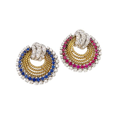 Lot 234 - Pair of Gold, Platinum, Gem-Set and Diamond Clips