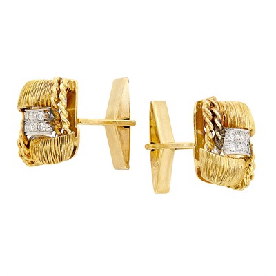 Lot 195 - Pair of Two-Color Gold and Diamond Cufflinks, Cartier