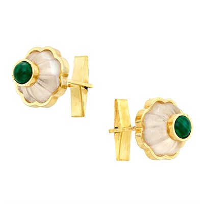 Lot 189 - Pair of Gold, Carved Rock Crystal and Malachite Cufflinks, Tony Duquette