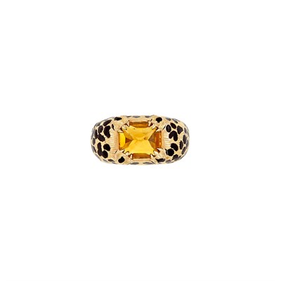 Lot 425 - Gold, Cabochon Citrine and Black Enamel Leopard Ring, France
