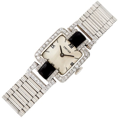 Lot 463 - Platinum, White and Yellow Gold, Black Enamel, Black Onyx and Diamond Wristwatch, France