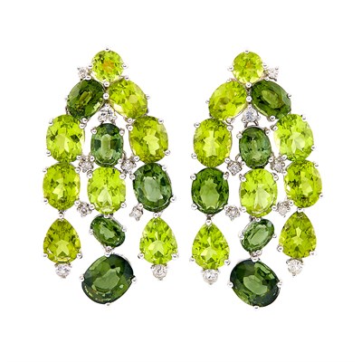 Lot 175 - Pair of White Gold, Peridot, Tourmaline and White Sapphire Fringe Earclips